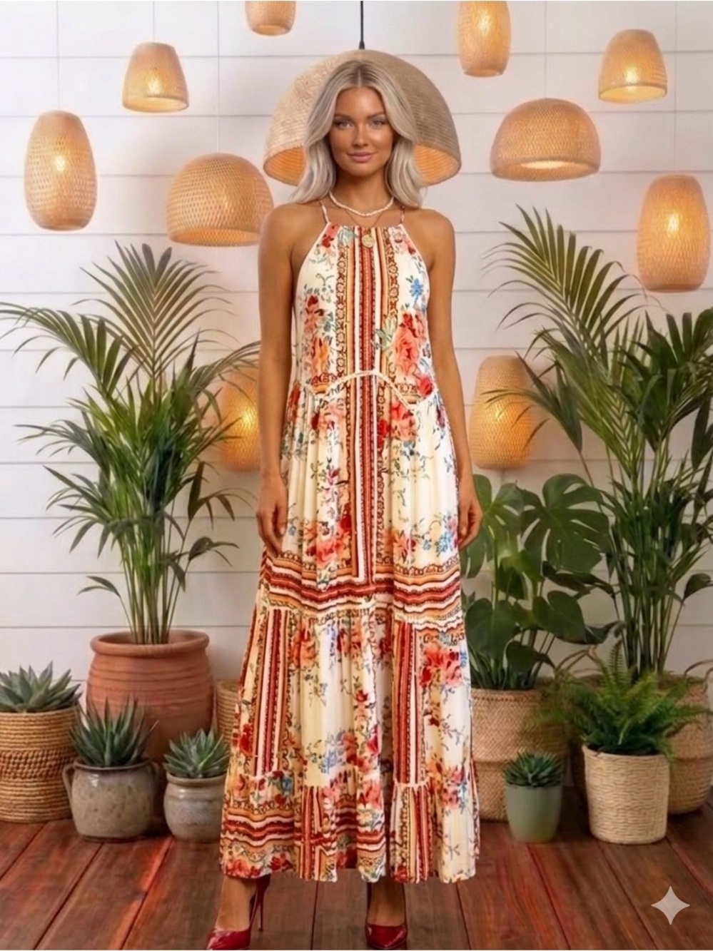 Bohemian Lace Up Sides Maxi Dress Tassel Ties